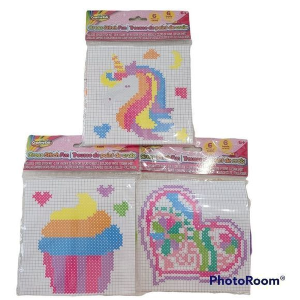 Kid Craft Bundle of 3 Crosstitch kits Cupcake Unicorn Heart Creative‎ Kids